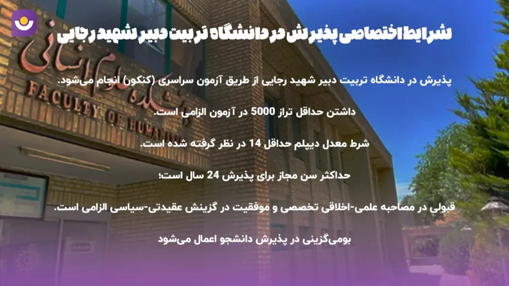 شرایط اختصاصی برای داوطلبان کنکور جهت ورود به دانشگاه فرهنگی تربیتی شهید رجایی شرایط اختصاصی پذیرش در دانشگاه تربیت دبیر شهید رجایی